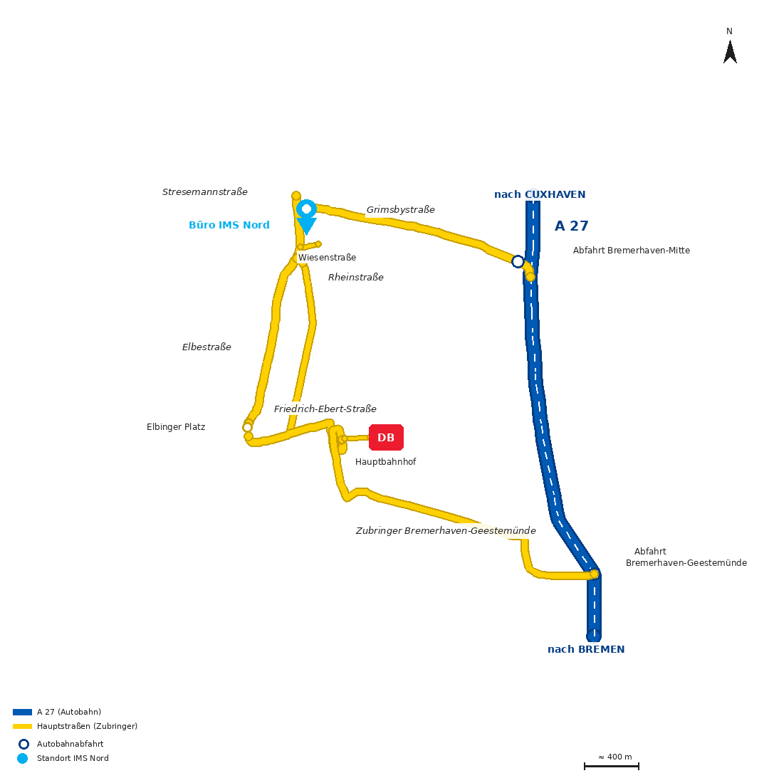 Anfahrtsskizze zur IMS Nord mit A27, Ausfahrten Bremerhaven-Mitte und Bremerhaven-Geestemünde sowie Stresemannstraße, Elbestraße, Rheinstraße und Friedrich-Ebert-Straße